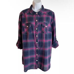 Torrid Women's Camp Button Up Shirt Plus Size 1X Plaid Pink Blue Roll Tab Sleeve